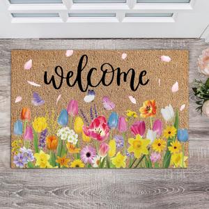 Ceenna Summer 4th of July Natural Coir Door Mat Outdoor Patriotic Rug Summer Welcome Doormat Independence Day Non-Slip Mat for Front Porch Entryway Outside, 16 x 28 Inches(Wildflower)