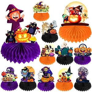 12 Pack Halloween Honeycomb Centerpieces Table Decorations,Pumpkin Ghost Witch Cat Tombstone and More Halloween Elements for Halloween Party Favors Supplies,Cute Party Home Room Table Desk Decor