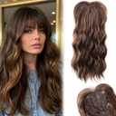 LEEONS Hair Toppers for Women 20-Inch Long Wavy Synthetic Wiglets With Bangs - Clip-in Hair Pieces for Thinning Hair, Balayage Chocolate Brown to Honey Blonde