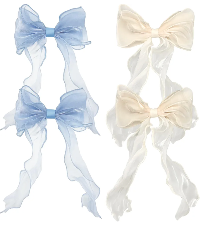 8 PACK Light Blue and Champagne Big Ribbon Hair Bows, Large Hair Accessories, Oversized Long-tail Hair Clips for Women and Girls Hair Styling Accessories