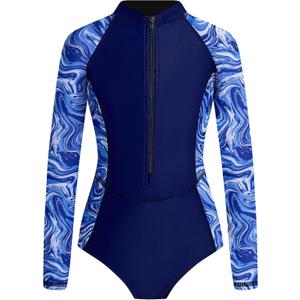 JiAmy Girl's One Piece Rashguard Swimsuit Long Sleeve Zipper UPF 50+ Sun Protection Bathing Suits Swimwear (Blue), Size: 5-6 Years