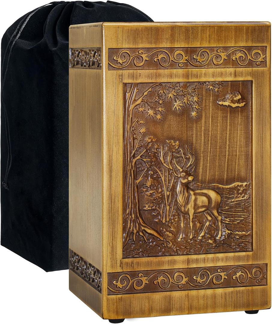 Wooden Cremation Urn for Human Ashes Adult Male Female Deer Carving Handmade Wood Funeral Decorative Memorial Urns Box, Holds 270 Cubic Inch