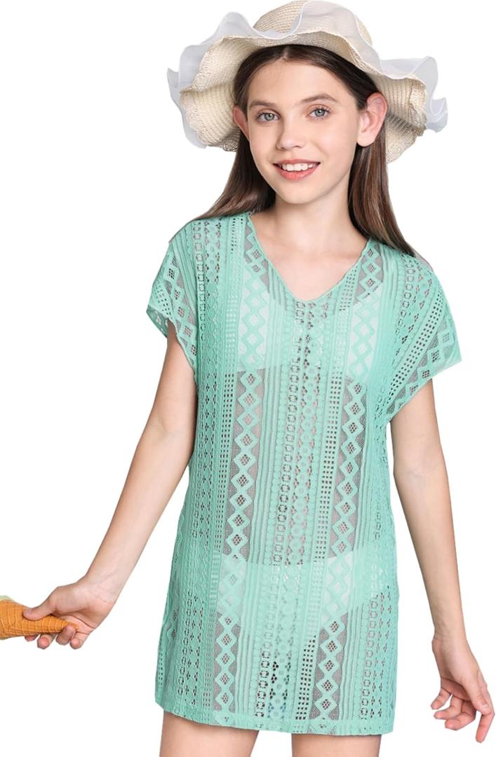 Milumia Girl's Crochet Coverup Cut Out V Neck Short Sleeve Sheer Swimsuit Cover Ups Green 7 Years