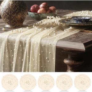 Beige 10 Pcs Pearl Gauze Table Runner 120 Inch 10ft Pearl Sheer Tulle Table Cloth Centerpieces for Home Wedding Birthday Bridal Baby Shower Party Favor Holiday Dining Decorations