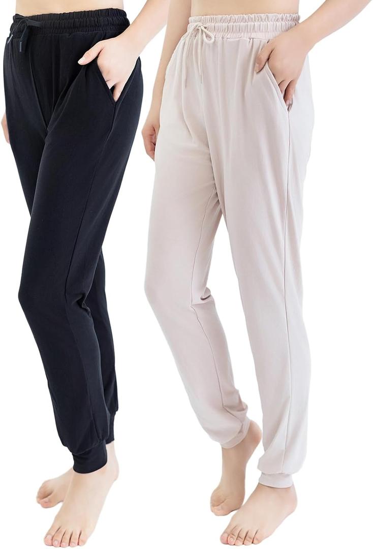 TRIUNION 2 Pack Sweatpants for Women with Pockets Lightweight Jogger Pants for Women Lounge Pants for Workout Running Yoga (Large, Black/Khaki)
