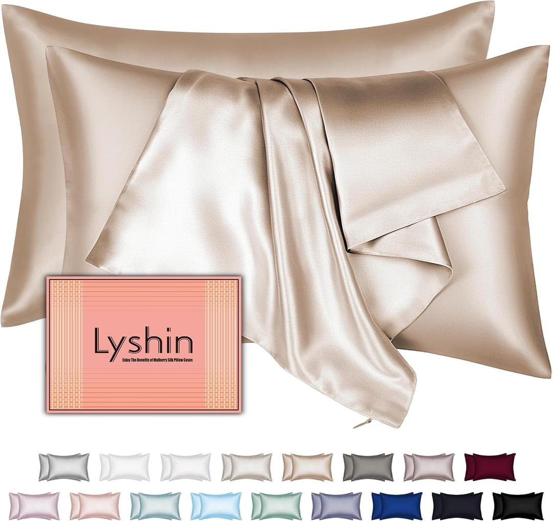 Silk Pillow Cases 2 Pack Standard Size with Hidden Zipper, Mulberry Silk Pillowcase for Hair and Skin, Smooth and Soft Breathable Cooling Silk Satin Pillowcase Set of 2, Gifts for WomenChampagne