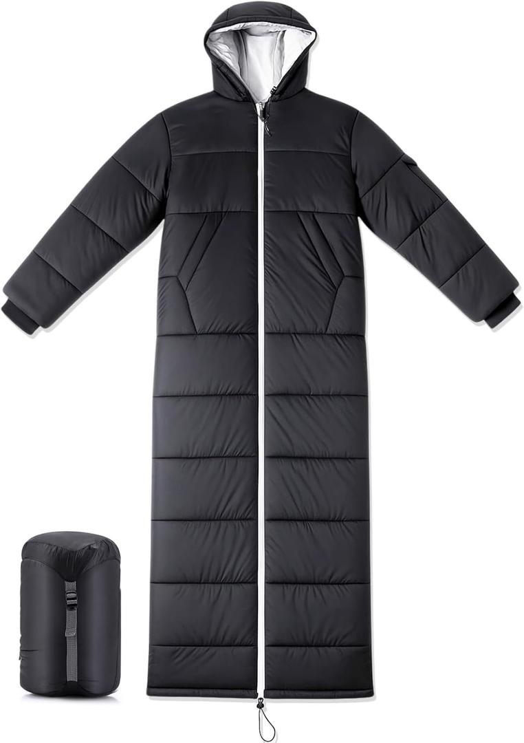 Macarrie Cold Weather Wearable Sleeping Bag for Adults with Sleeves and Hood 74 Inch Long 0 Degree Winter Weather Insulated Extreme Cold Sleeping Bag Coat for Camping Hiking Stadium (Black)