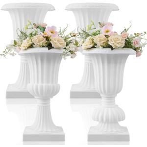 AceOrbit 4 Pack 20 Large Plastic Urn Planters, Pedestal Flower Plant Pot White Plant Stand for Wedding, Party, Event, Home, Stage, Garden, Balcony Decoration