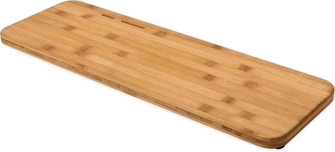Camco RV/Marine Over The Sink Cutting Board | Features Adjustable Non-Slip Feet, Built-in Knife Slots, and a Durable 3-Ply Bamboo Construction | 24-inches x 8-inches (43543)
