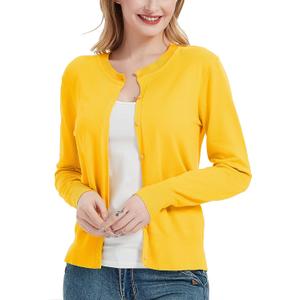 Women's Crew Neck Button Down Long Sleeve Cardigan Sweater (Medium, Yellow)