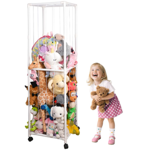 Stuffed Animal Storage Zoo with Wheels, Large Plush Toy Organizer for Kids - Extra Wide PVC Stuffed Animal Holder with Elastic Cords & Mesh Net, Nursery Playroom Toy Cage for Boys Girls Toddlers