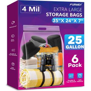 FURWEY 25 Gallon Extra Large Storage Bags 35x 24Resealable Clear Bags with Handle 4 Mil Thick Heavy Duty Big Bag for Clothes Pillow Travel Moving,Bedding,Shoes and Toys Storage, Pack of 6