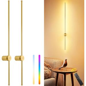 39.4 Inch Battery Operated Wall Sconces Set of Two, 12000mAh Rechargeable Wall Sconce with Remote Control, Dimmable LED Wireless Wall Lights for Bedroom, Living Room, 15 Colors, 180 Rotate, Gold