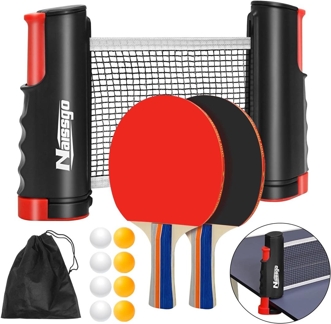 Table Tennis Set with Retractable Net, Portable Ping Pong Paddle Set with 2 Rackets, 8 Balls and Mesh Bag, Easy Setup Table Tennis Kit for Indoor Outdoor, Beginners, Home and Office