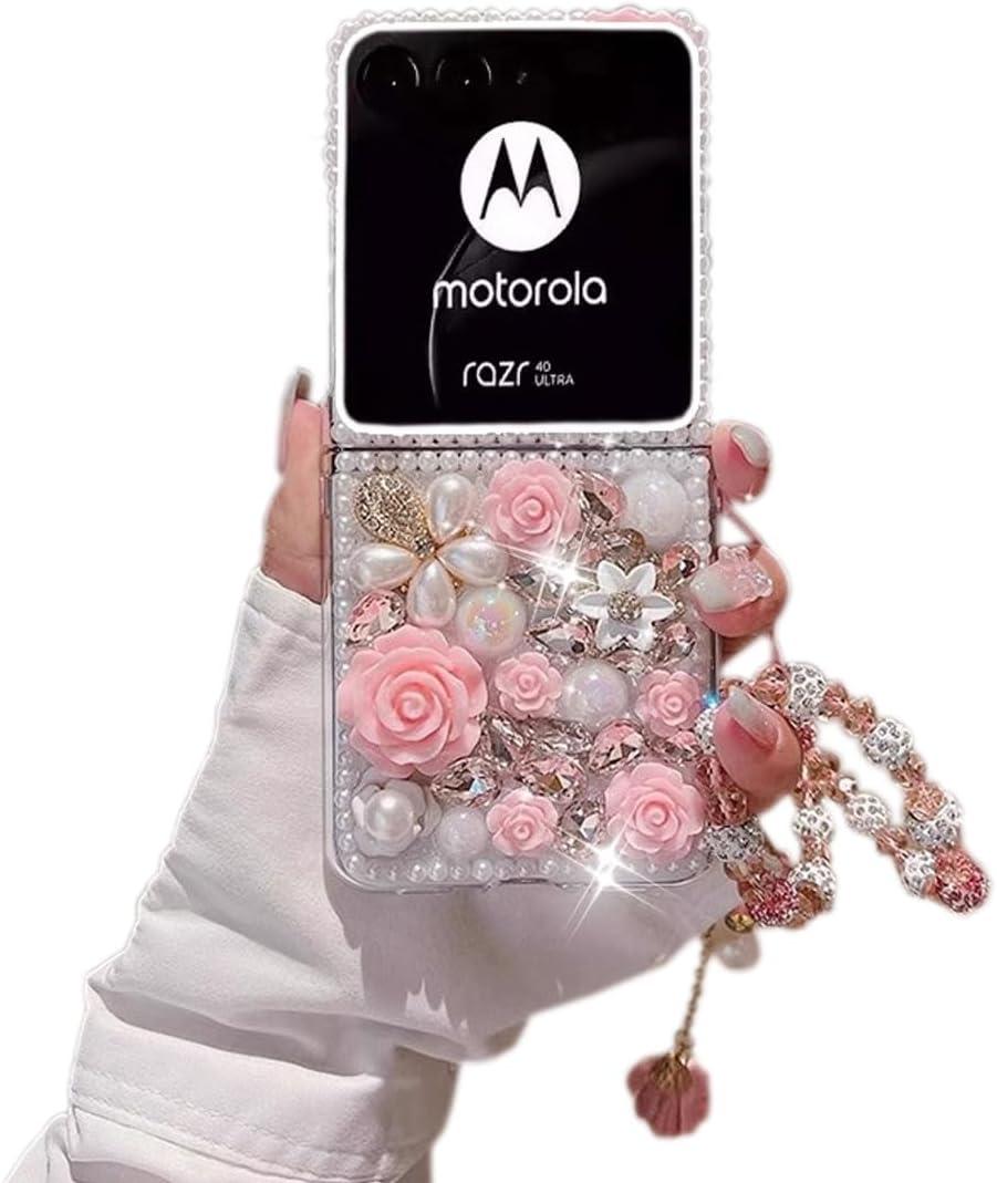 Case for Motorola Razr 2026/2025/2024 Cover,Cute Luxury 3D Crystal Rhinestone Diamond Flowers Sparkle Stunning Stones Pearl with Wrist Strap Women Girls for Moto Razr 2026/2025/2026 5G