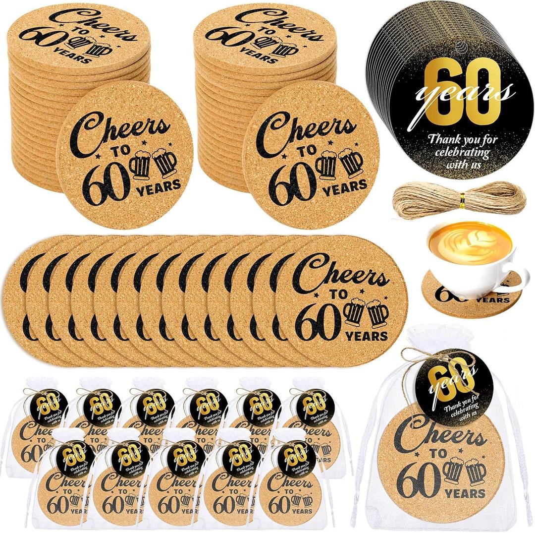 Sieral 50 Sets 60th Birthday Party Favors for Guests Cheers to 60 Years Anniversary Cork Coasters with Cards Twine and Organza Gift Bags Sixty Years Party Favor Decoration Supplies