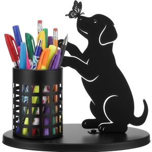 Tandefio Dog Pen Holder for Desk Cute Black Puppy Pencil Holder Metal Desk Accessories Organizer Makeup Brush Pen Cup for Back to School Stationery Office Home Decor Table Centerpiece Lover Gift Women