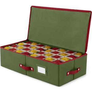 ZOBER Underbed Christmas Ornament Storage Box - Stores 64 3" Ornaments, With Dividers - Tear Proof 600D Oxford Fabric, Ornament Organizer Storage Box, Durable Christmas Containers Holder - Green