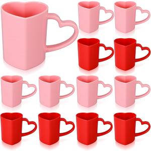 Baderke 12 Pcs Valentine's Day Heart Shaped Mugs with Handles 7.8 oz Reusable Pink Red Love Heart Plastic Drinking Cups for Birthday Wedding Anniversary Party Supplies(Red and Pink)