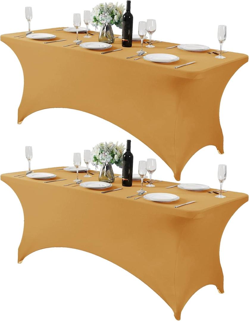 2Pack Spandex Table Cover for 6Ft or 4fT or 8ft Table Universal Fitted Stretch Tablecloth for Party, Banquet, Wedding and Events-Gold