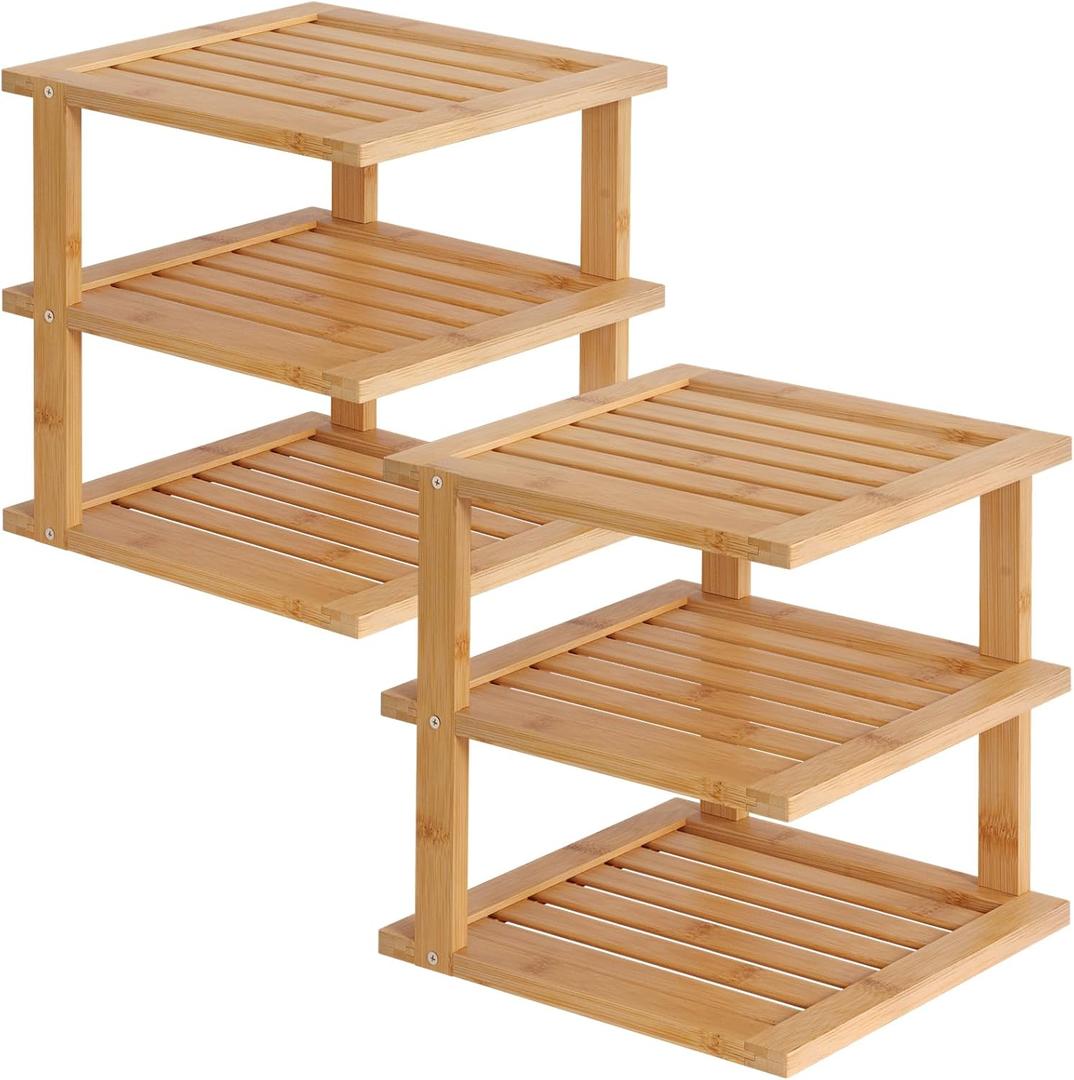 2 Pack Bamboo Corner Shelf,3 Tier Kitchen Cabinet Organizer for Plates and Dishes, Pantry Storage and Spice Rack, Natural
