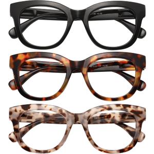 Reading Glasses for Women Men Square Oval Readers with Spring Hinge Anti UV Glare (Black/Demi White/Demi Brown-clear Lens)