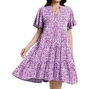 HeJoy Women's Casual Tiered Swing Midi Dress Ruffle Sleeve V Neck A Line Petite Summer Dresses with Pockets Size XL