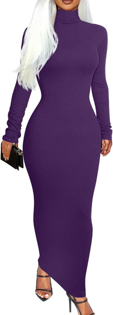 Memoriesea Women's Basic Turtleneck Long Sleeve Ribbed Bodycon Fall Slim Solid Maix Pencil Dress (Medium, Purple)