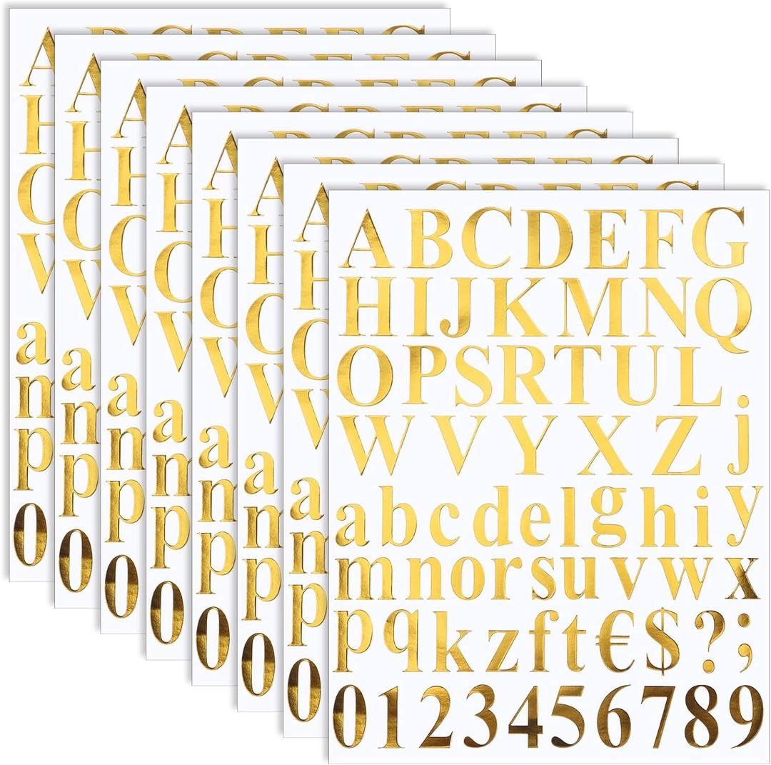 TaoBary 8 Sets 536 Pcs Vinyl Letter Number Stickers Alphabet Large Self Adhesive Mailbox Number Waterproof Stickers for Sign Door Business Address Decor(1 Inch,Mirror Gold)