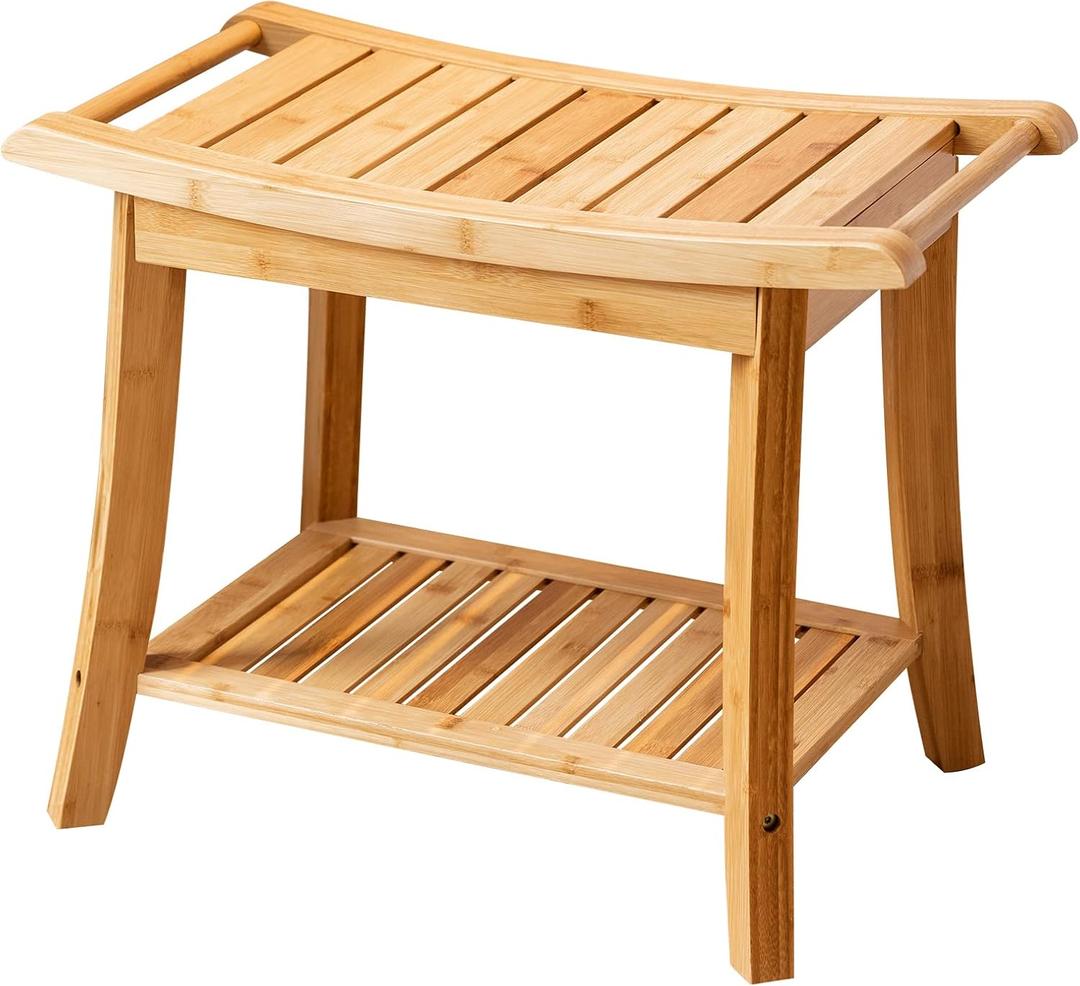 Forevich Bamboo Shower Bench Stool with Storage Shelf Waterproof Shower Chair Spa Bath Seat Excellent for Indoor Use Natural (23.7 x 15.1 x 18.4 inches Natural)