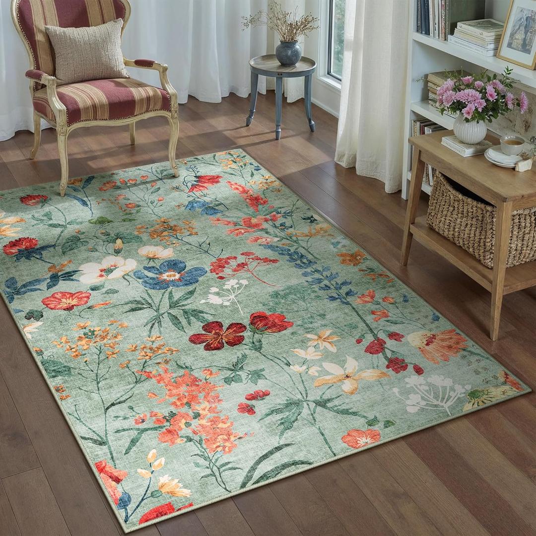 Green Area Rug 3x5 Office Floral Boho Door Mat Indoor Washable Kitchen Carpet Non Slip Bedroom Low Pile Lightweight Soft Throw Rug for Living Dining Room Bathroom