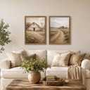 Farmhouse Wall Art Set of 2, Vintage Rustic Barn Landscape Canvas Prints, 16x24 Inches