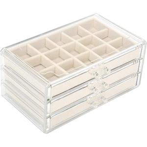 FEISCON Acrylic Jewelry Organizer Makeup Cosmetic Storage Organizer box Clear Jewelry Case with 3 Drawers Adjustable Jewelry Box Velvet Trays grid size