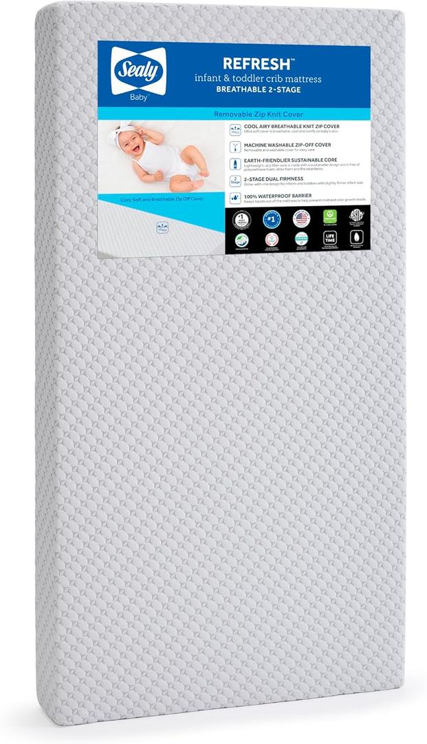 SEALY OmniPedic Refresh Breathable 2-Stage Crib Mattress & Toddler Mattress, Removable Washable Knit Cover, Baby Mattress for Crib, GREENGUARD Air Quality Certified, Made in USA, 52x28 Inches