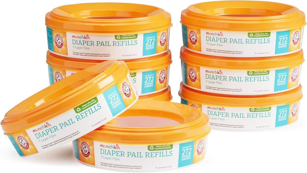 Munchkin Arm & Hammer Diaper Pail Refill Rings, Holds up to 2,176 Newborn Diapers, 8 Pack