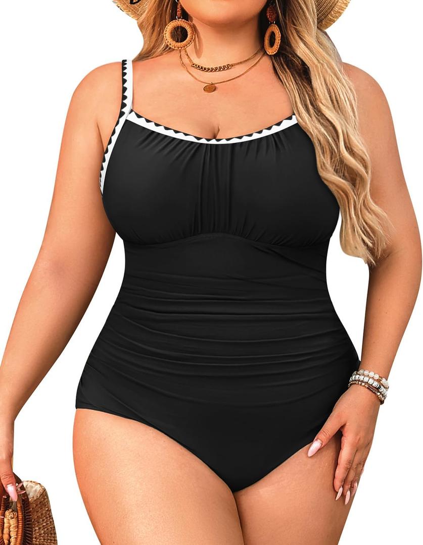 Aqua Eve Plus Size Swimsuit for Women Tummy Control One Piece Bathing Suit Vintage Swimwear (Solid Black)
