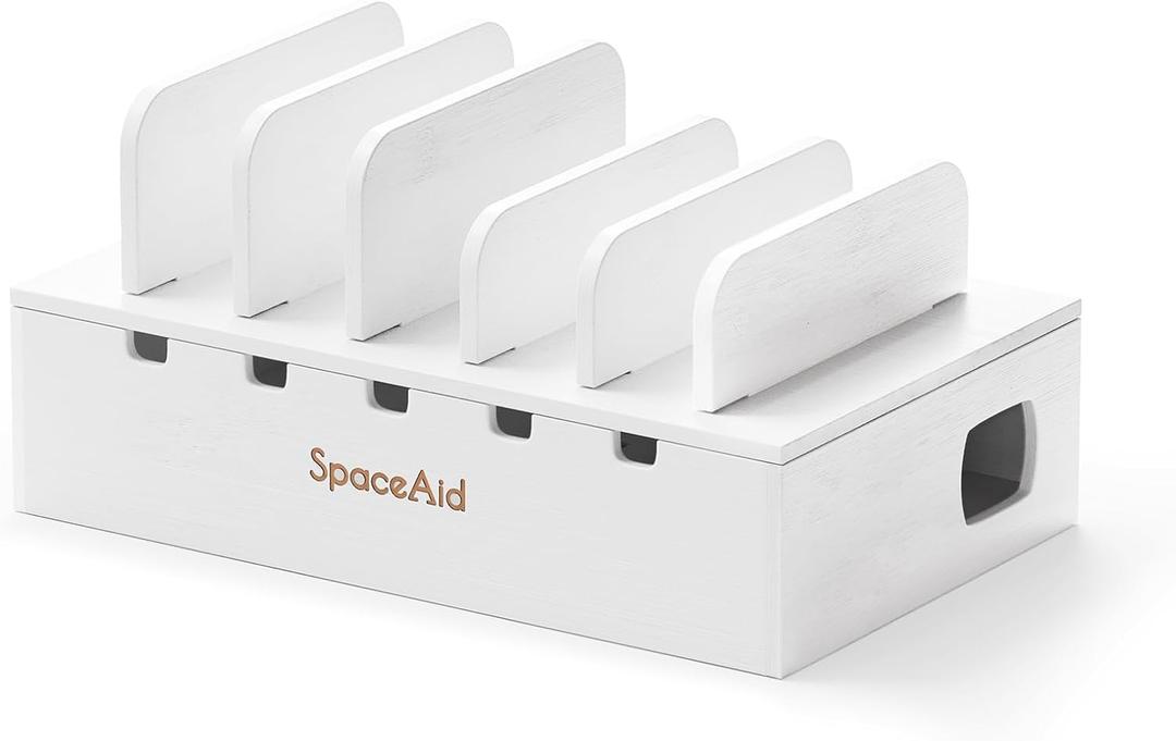 SpaceAid Bamboo Charging Station for Multiple Devices, Cell Phone Docking Stations for Multi Laptop, Tablets and iPads, Nightstand Bedside Desk Device Charger Organizer (White) (Medium)
