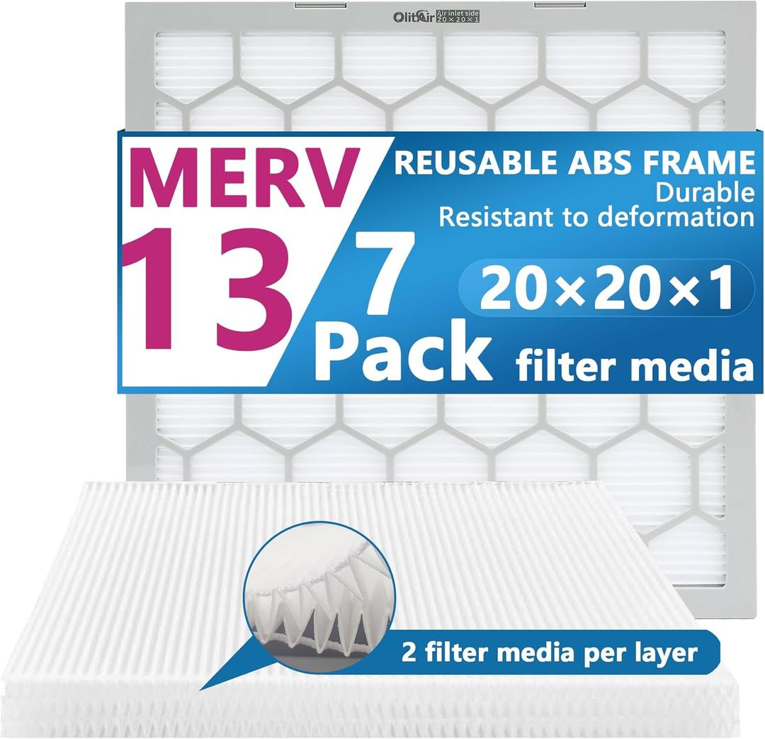 20x20x1 MERV 13 Air Filter,AC Furnace Air Filter,Reusable ABS Plastic Frame, 7 Pack Replaceable Filter Media (Actual Size: 19 3/4" x 19 3/4" x 3/4")