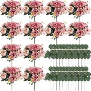Peony Artificial Flowers, Faux Peonies Hydrangea Eucalyptus Bouquet 12 Packs Silk Vintage Realistic Peony Floral Arrangement for Wedding Centerpiece Table Vase Home Party Decor-Dusty Pink