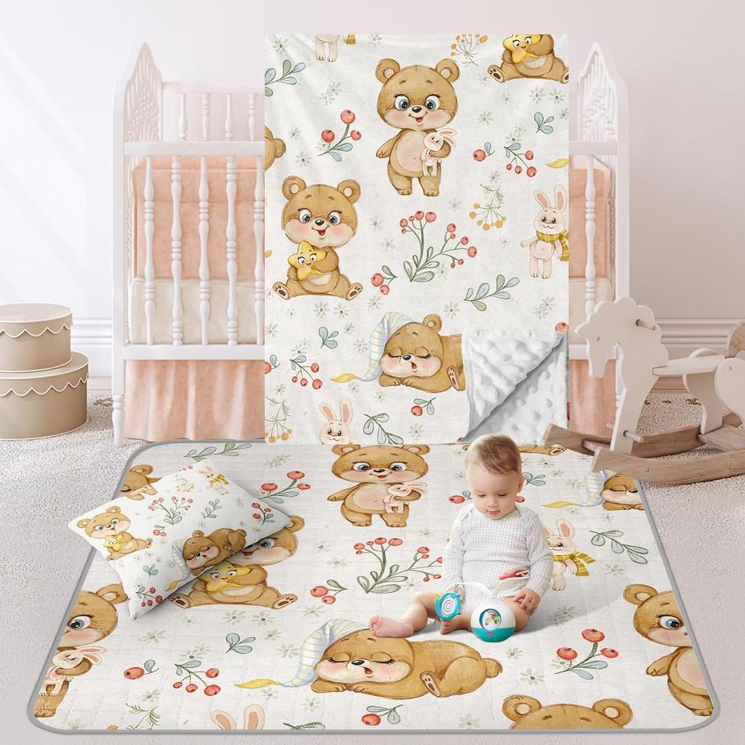 GRESATEK Baby Crib Bedding Set- Cotton 3 Piece Including Mat, Double Layer Blanket, Pillow Cover- Soft Safe Non-Slip Floor Mat - Comfortable Blanket Pillow Cover- Birthday Gift for Infant