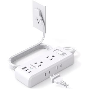 Flat Plug Power Strip, HANYCONY Ultra Thin Extension Cord, 6 Outlets 3 USB Ports(2 USB C), 5ft Multiple Outlet Extender with Wall Mount No Surge Protector for Dorm Room, Cruise, Travel Essentials (White)