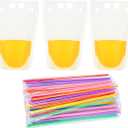100 PCS Stand-Up Plastic Pouches with 100 Straws, Translucent Reclosable Zipper Bags for Cold & Hot Drinks