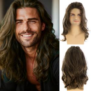 Baruisi Long Wavy Brown Wigs for Men Synthetic Layered Cosplay Party Wig