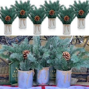 Christmas Decorations Xmas Table Centerpieces - Set of 6 Artificial Cedar Pine Branches with Pinecone with Rustic Metal Vase for Holiday Winter New Year Home Decor