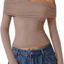 QINSEN Womens Off The Shoulder Tops Double Lined Long Sleeve T Shirts Slim Fitted Stretchy Crop Top (Large)