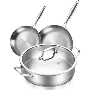Amazon.com: LOLYKITCH 12 Inch Tri-ply Stainless Steel 5.5 QT Saut Pan and 8-10 Inch Frying Pan Set of 3,Induction Cookware,Dishwasher and Oven Safe.: Home & Kitchen