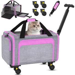 Rolling Pet Carrier with Detachable Wheels - 18x11x11 TSA Airline Approved for Southwest Delta United American, Soft Sided Expandable Travel Bag for Small Dogs & Cats up to 15Lbs, Fits Under Seat (Pink)