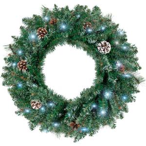 Christmas Wreath for Front Door, Pre-lit 24 Inch Outdoor Wreath with Timer, Hanger, Pine Cones, Indoor Artificial Xmas Decoration for Window, Stair Railing, Wall, Fireplace, Mantel (Snow)
