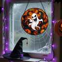 Stained Glass Window Hanging - Halloween White Ghost Suncatcher for Doors Window Garden Indoor Spooky Funny Orange Sun Catchers Gothic Decor Horror Gifts for Women Men Friend 9.8 in