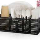 Paper Plate Organizer for Countertop, Perforated Metal Silverware Caddy for Plastic Spoon, Napkin, Utensils Holder with 6 Compartments for Party, Camping, Picnic